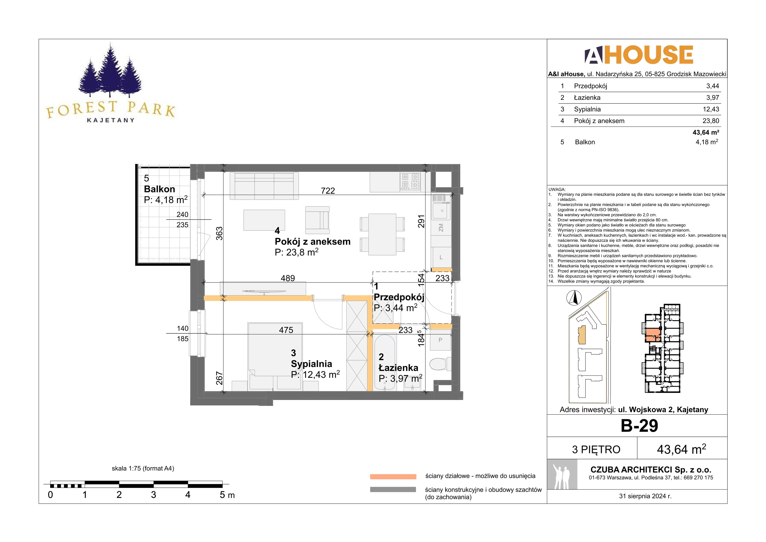 2 pokoje, mieszkanie 43,64 m², piętro 3, oferta nr B-29, Forest Park Kajetany, Kajetany, ul. Wojskowa 2